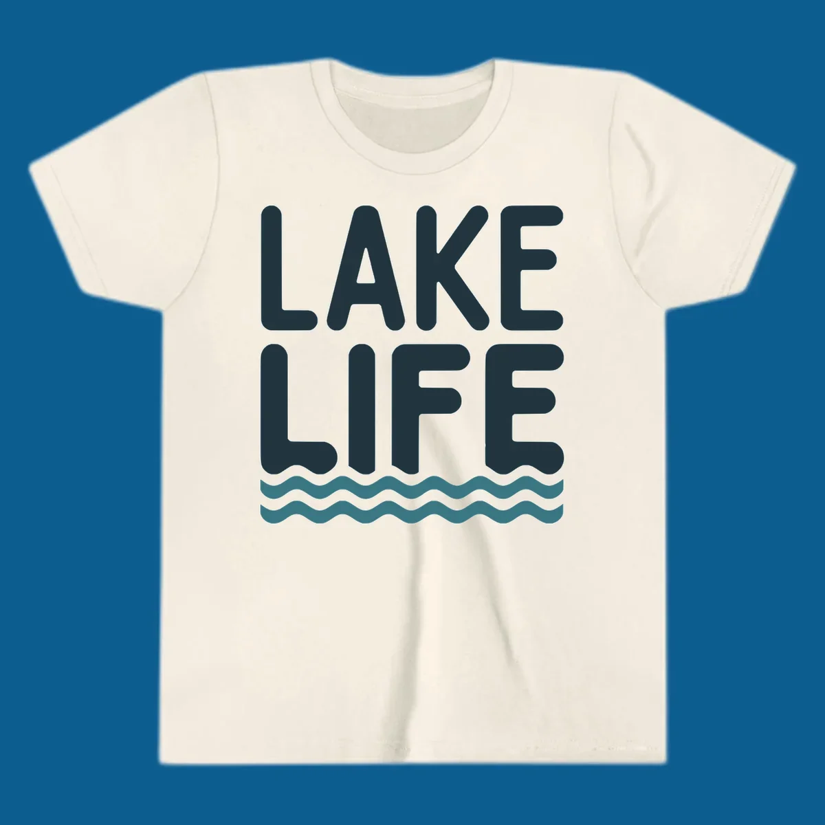 Lake life typography with waves graphic, dark blue and teal colors.