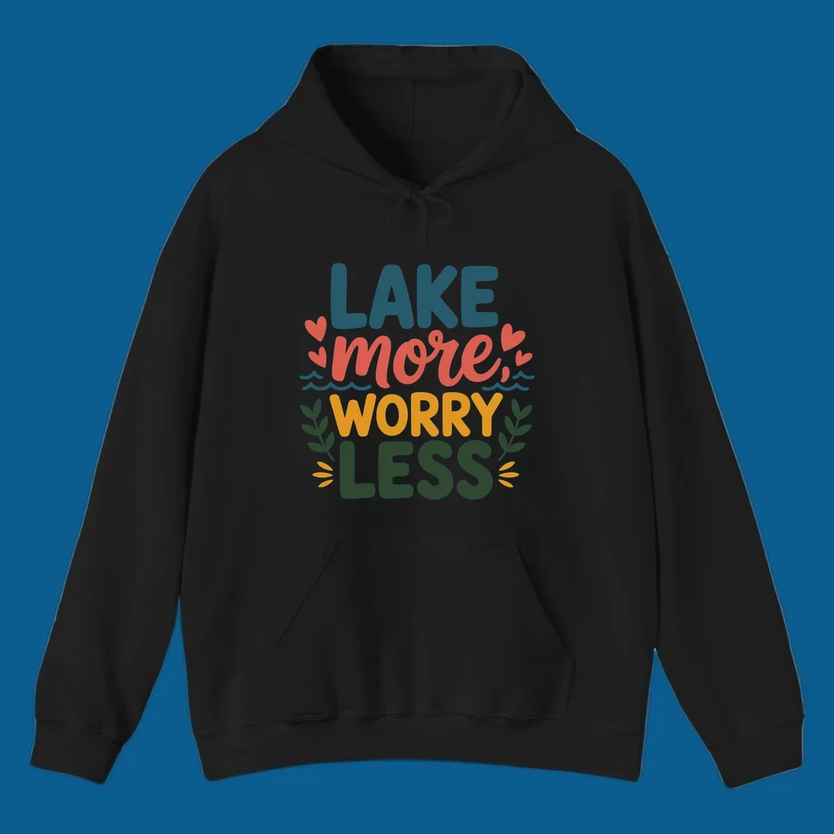 Lake life sentiment design with text LAKE more WORRY LESS, hearts, and nature elements.