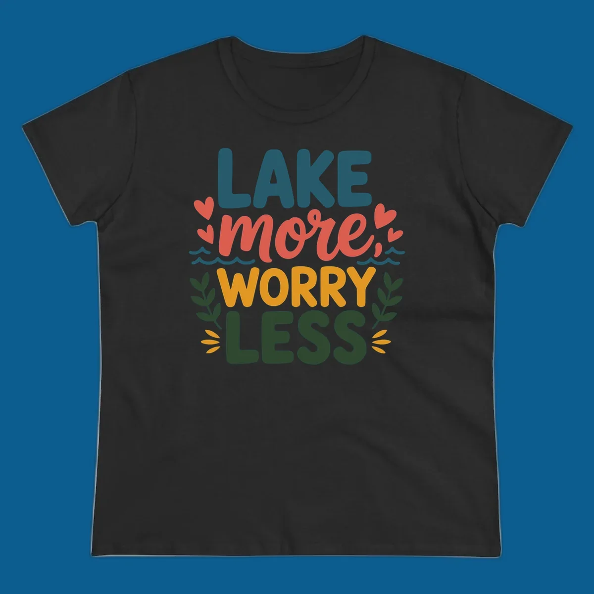 Lake life sentiment design with text LAKE more WORRY LESS, hearts, and nature elements.