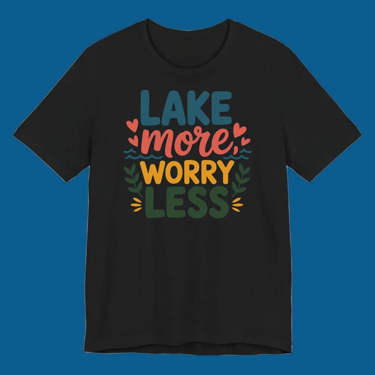Lake life sentiment design with text LAKE more WORRY LESS, hearts, and nature elements.