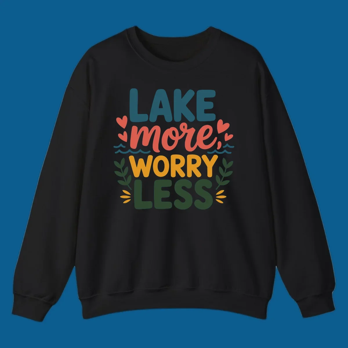 Lake life sentiment design with text LAKE more WORRY LESS, hearts, and nature elements.