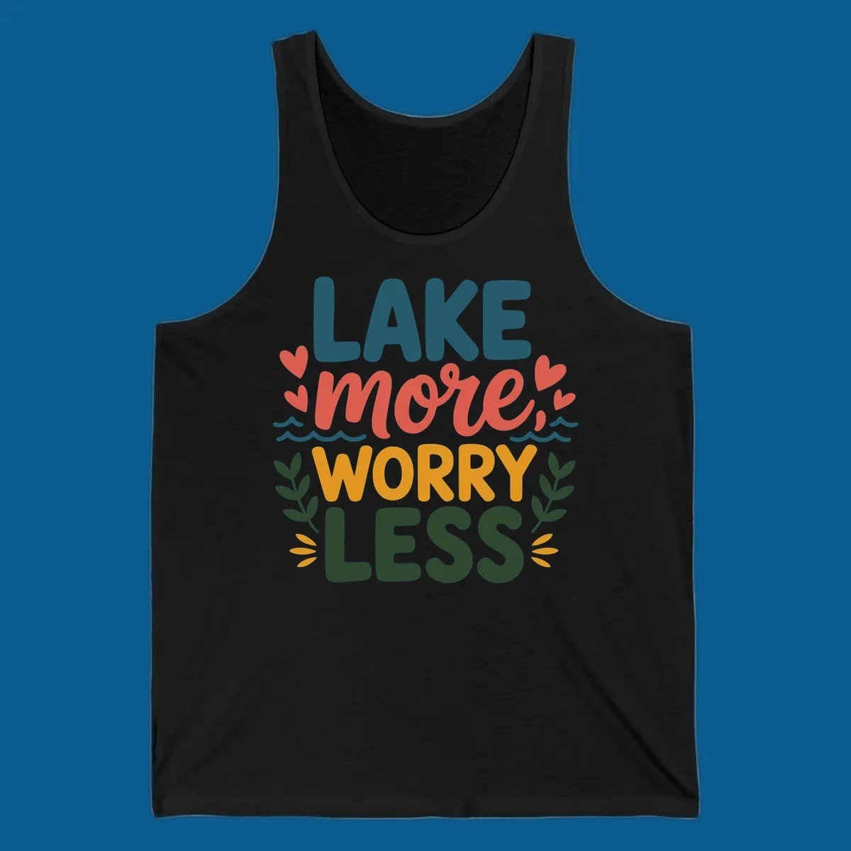 Lake life sentiment design with text LAKE more WORRY LESS, hearts, and nature elements.