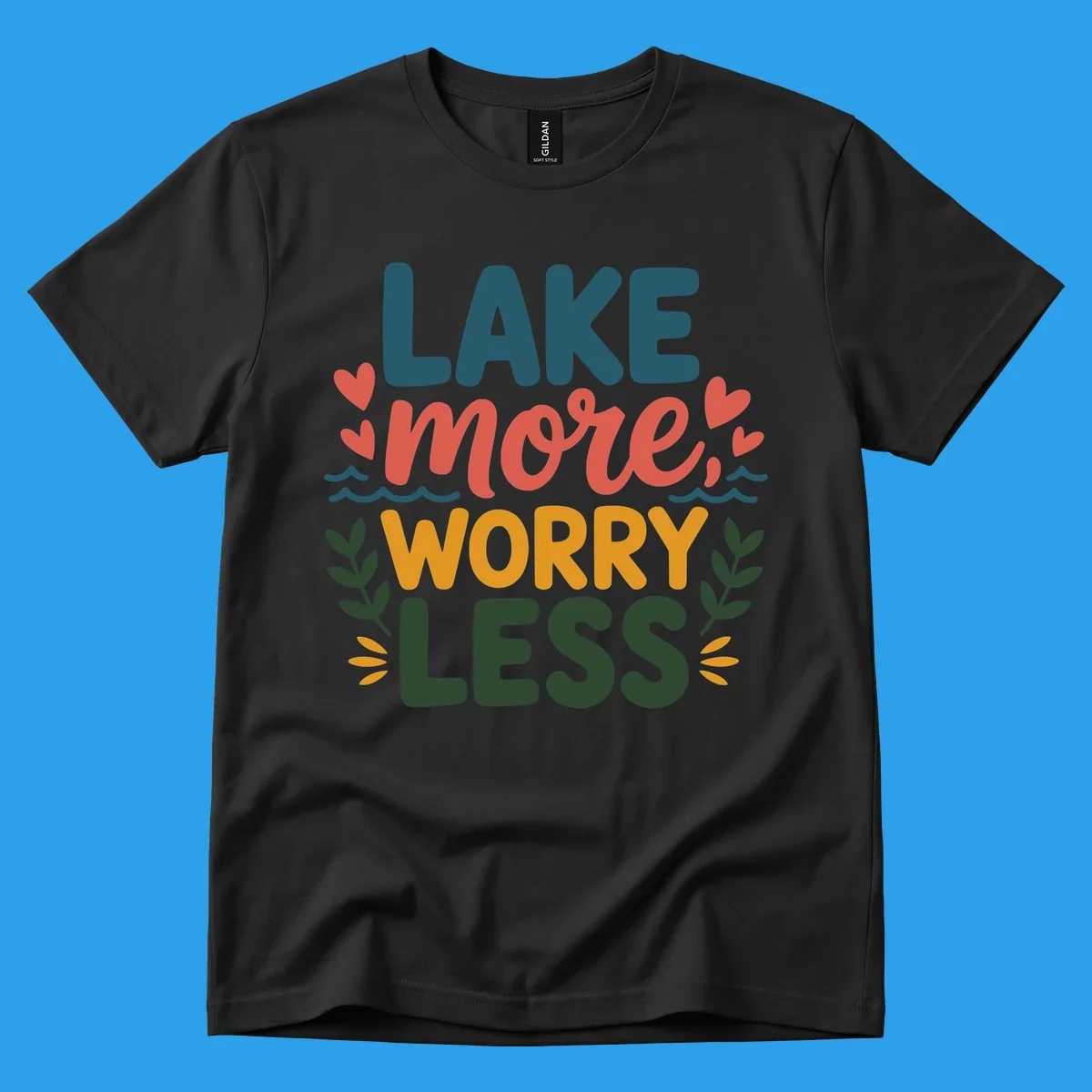 Lake life sentiment design with text LAKE more WORRY LESS, hearts, and nature elements.