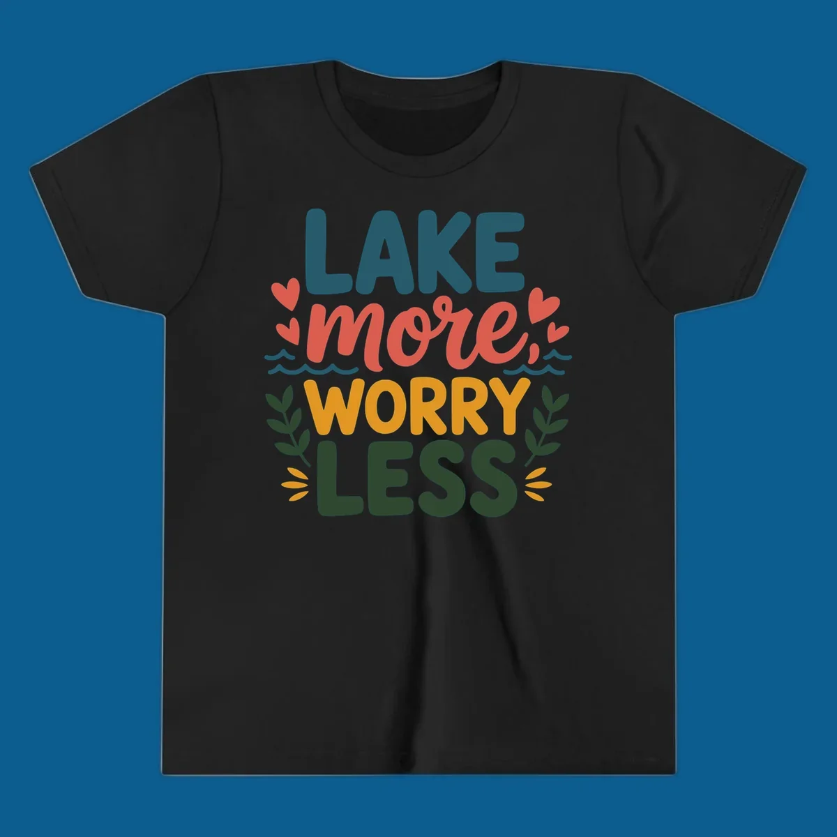Lake life sentiment design with text LAKE more WORRY LESS, hearts, and nature elements.