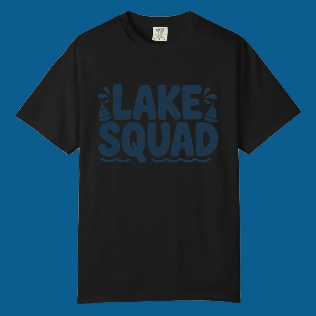 Navy blue text "LAKE SQUAD" with sailboats and waves, representing lake squad graphic.