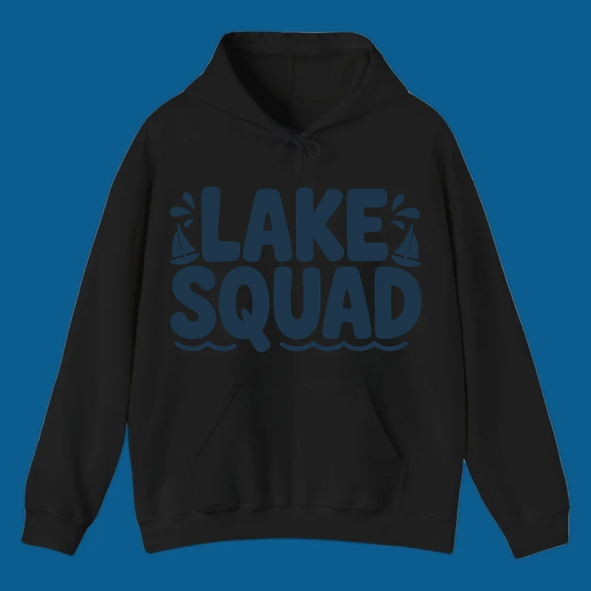 Navy blue text "LAKE SQUAD" with sailboats and waves, representing lake squad graphic.