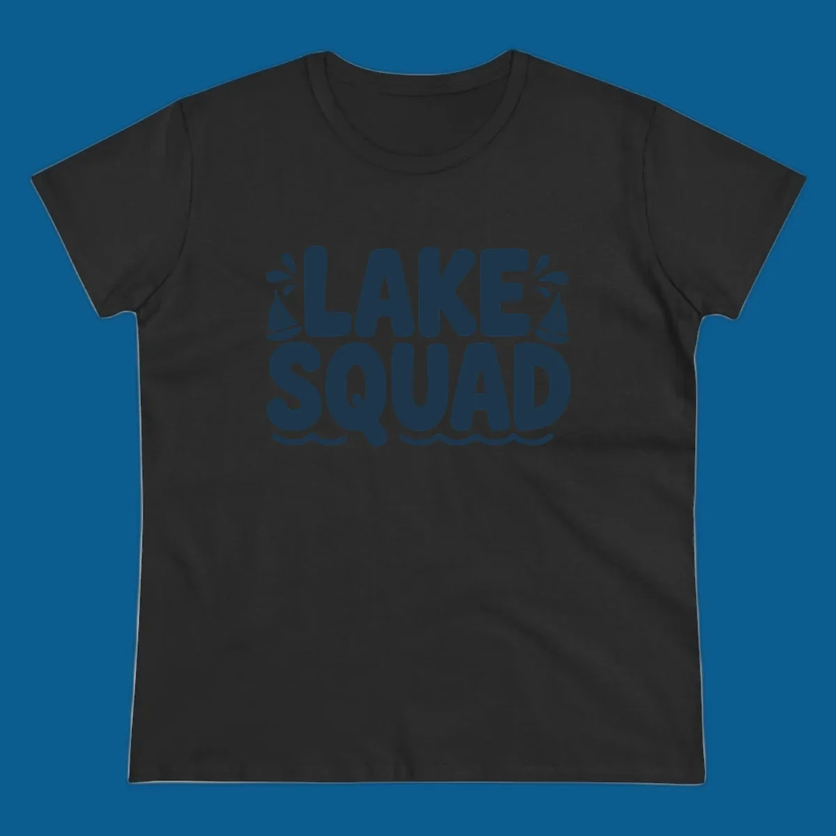 Navy blue text "LAKE SQUAD" with sailboats and waves, representing lake squad graphic.