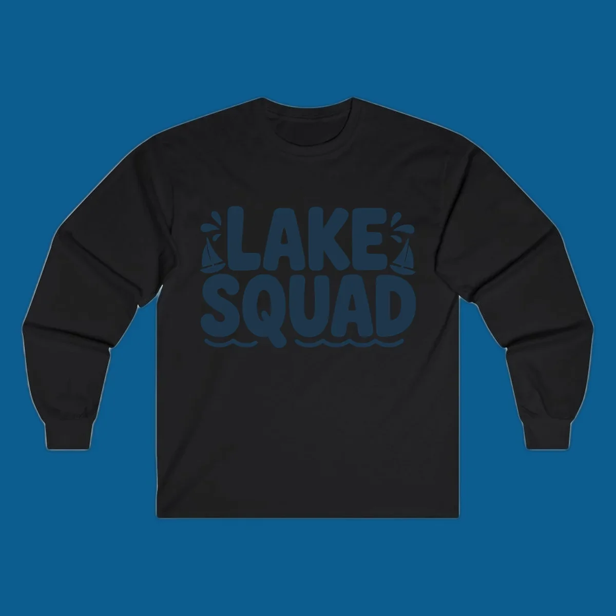 Navy blue text "LAKE SQUAD" with sailboats and waves, representing lake squad graphic.