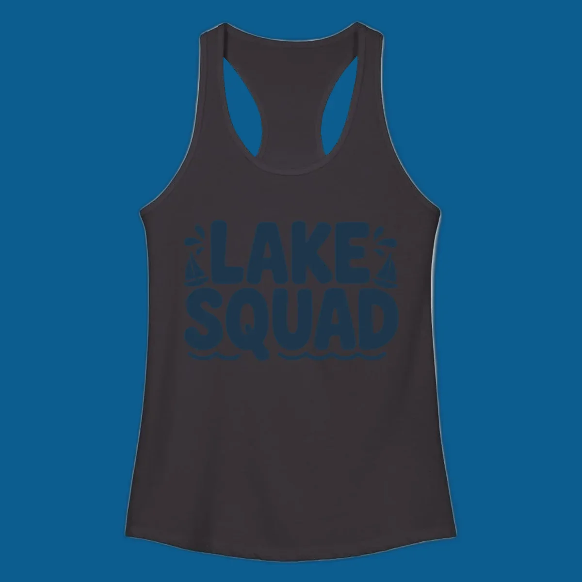 Navy blue text "LAKE SQUAD" with sailboats and waves, representing lake squad graphic.