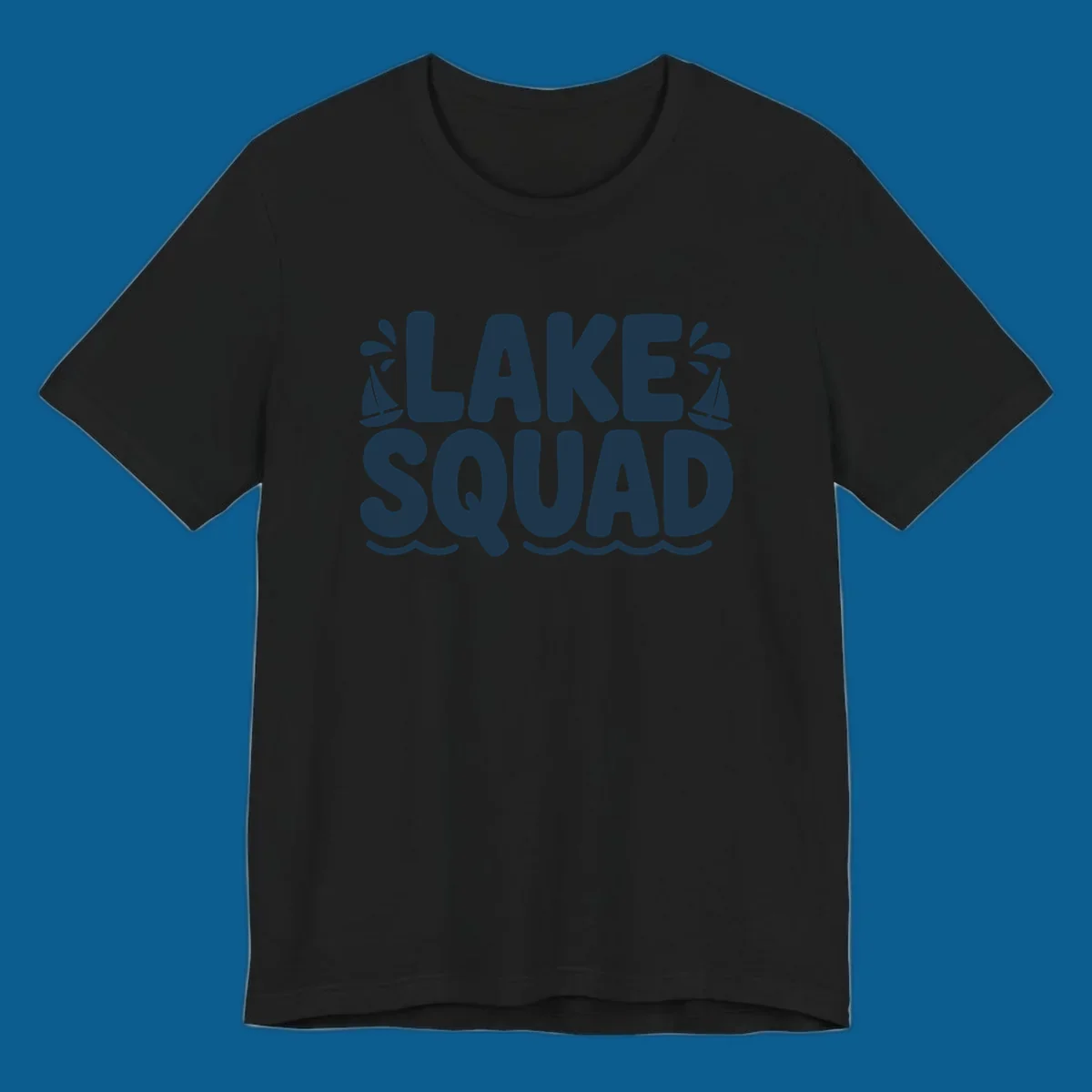 Navy blue text "LAKE SQUAD" with sailboats and waves, representing lake squad graphic.