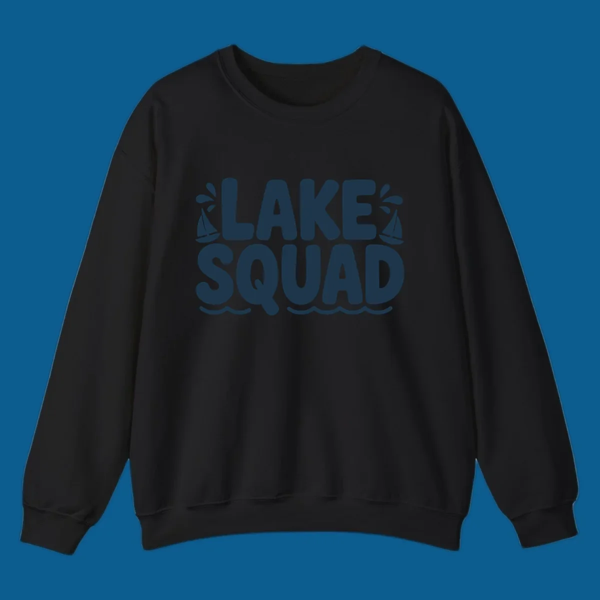 Navy blue text "LAKE SQUAD" with sailboats and waves, representing lake squad graphic.
