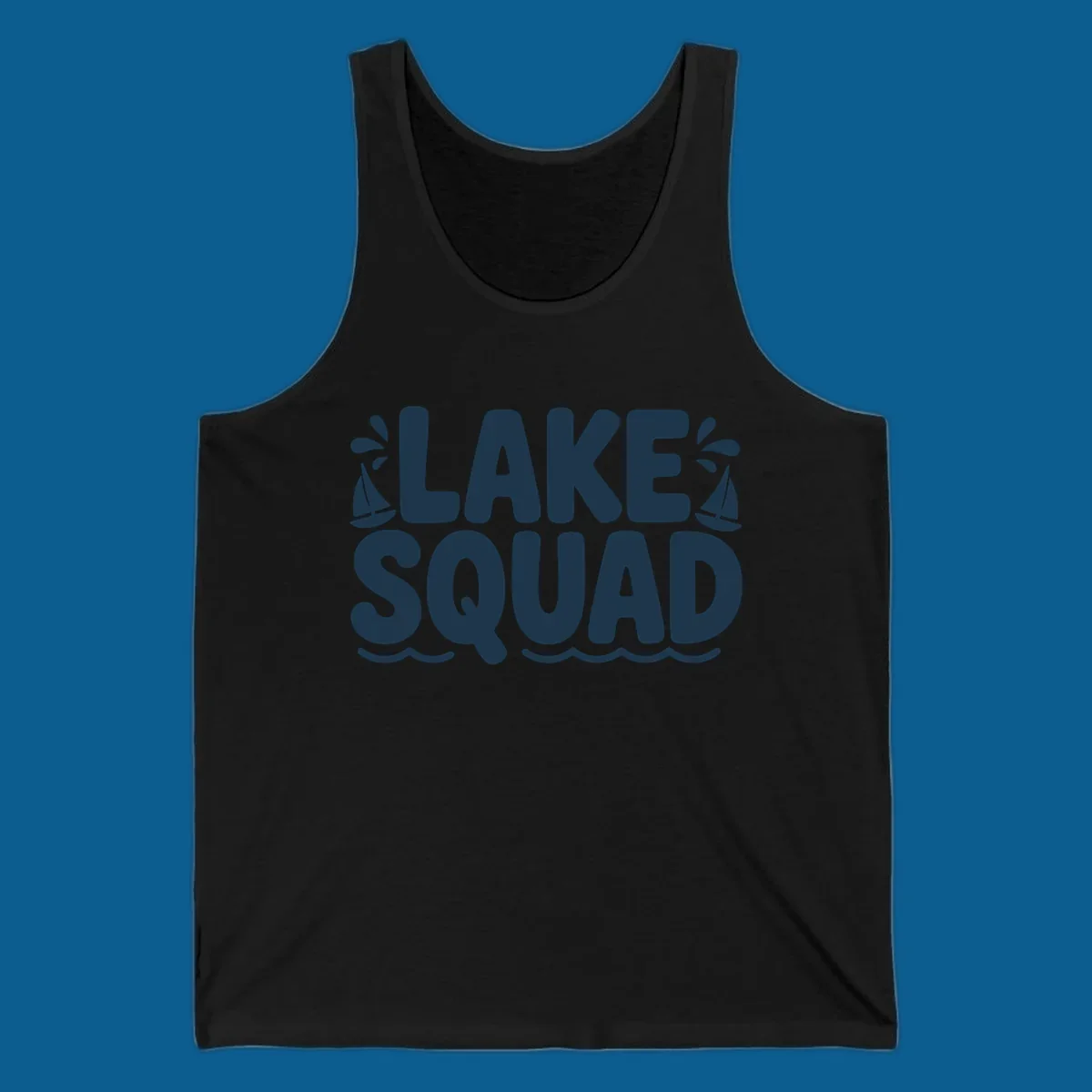 Navy blue text "LAKE SQUAD" with sailboats and waves, representing lake squad graphic.