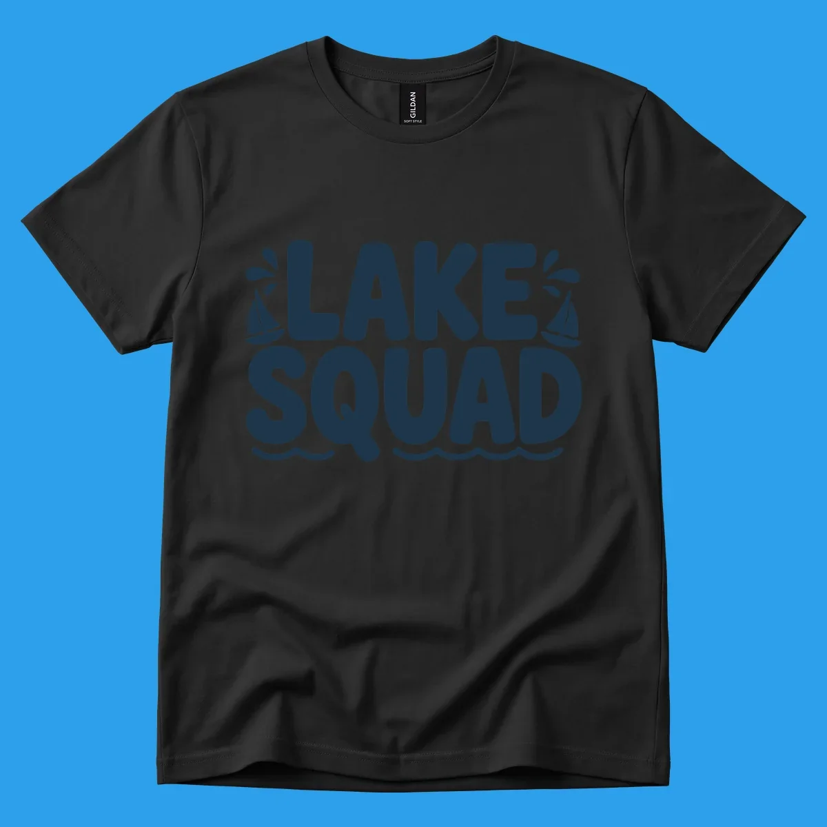 Navy blue text "LAKE SQUAD" with sailboats and waves, representing lake squad graphic.
