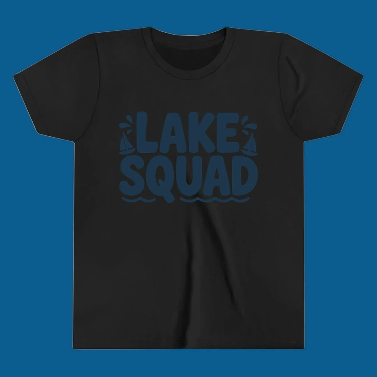Navy blue text "LAKE SQUAD" with sailboats and waves, representing lake squad graphic.