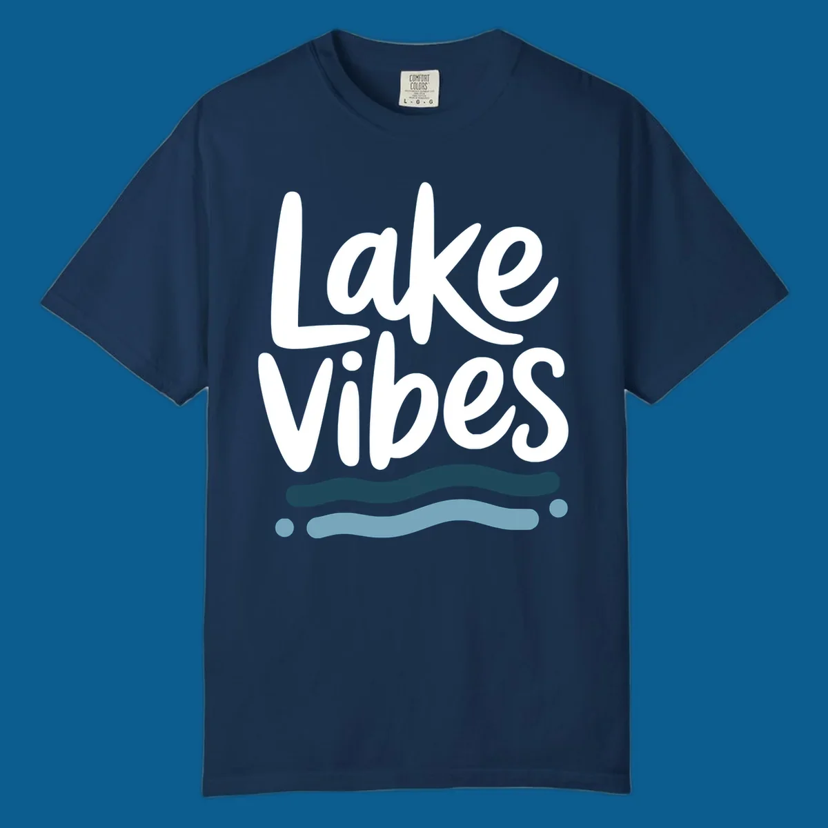 Lake Vibes typography design with blue wavy lines, on black and white backgrounds.