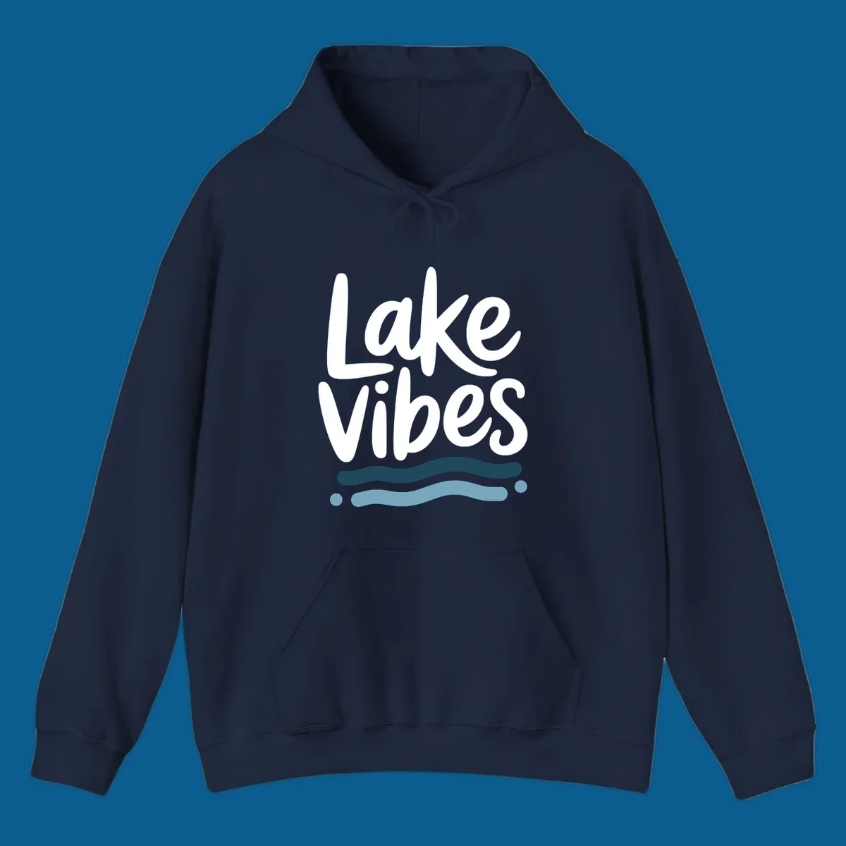 Lake Vibes typography design with blue wavy lines, on black and white backgrounds.