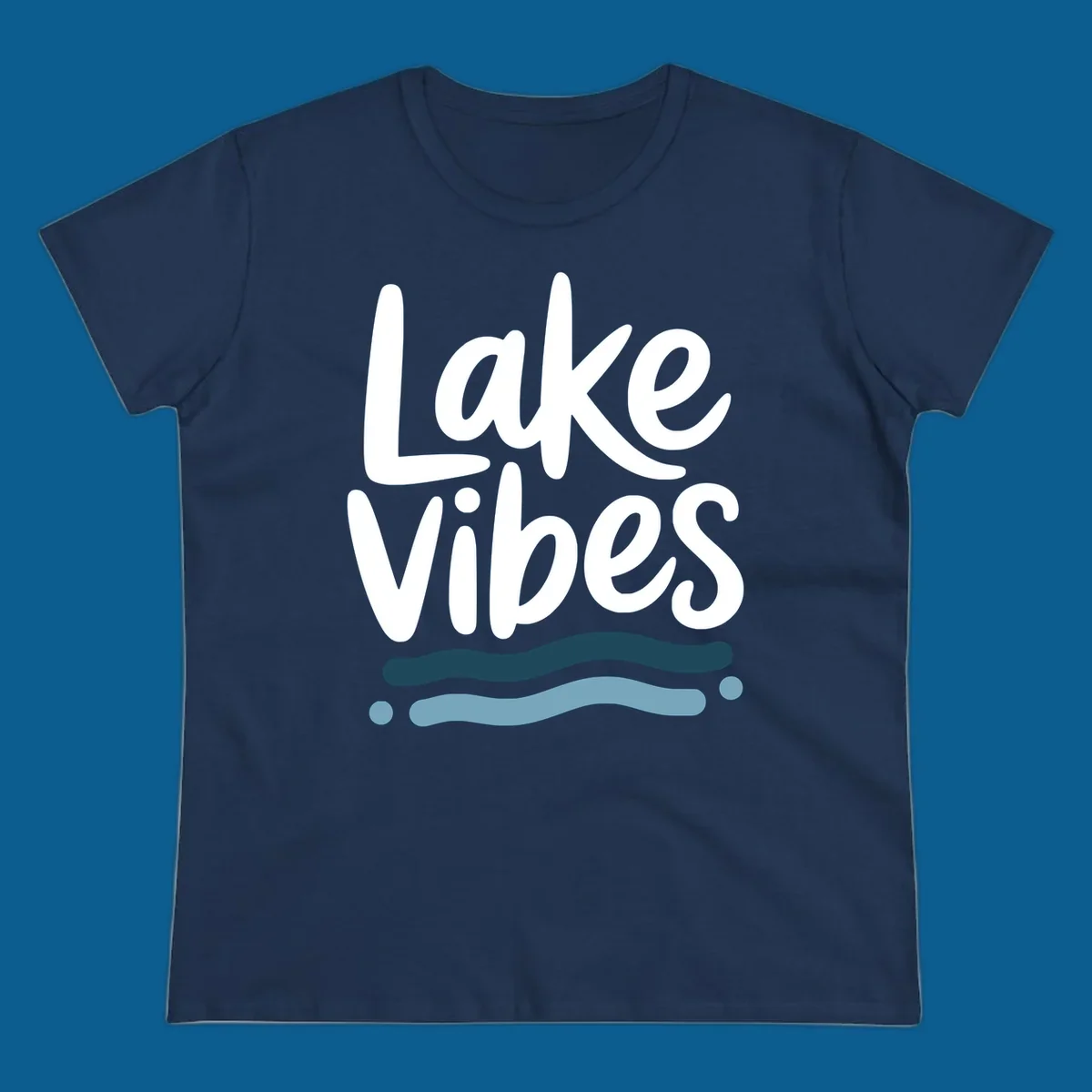 Lake Vibes typography design with blue wavy lines, on black and white backgrounds.