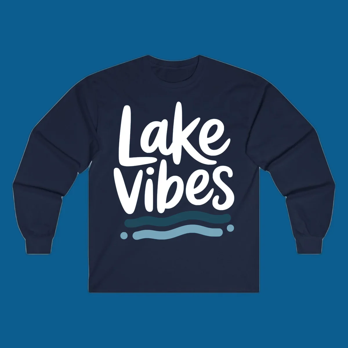 Lake Vibes typography design with blue wavy lines, on black and white backgrounds.
