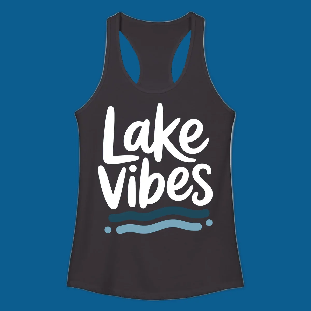 Lake Vibes typography design with blue wavy lines, on black and white backgrounds.