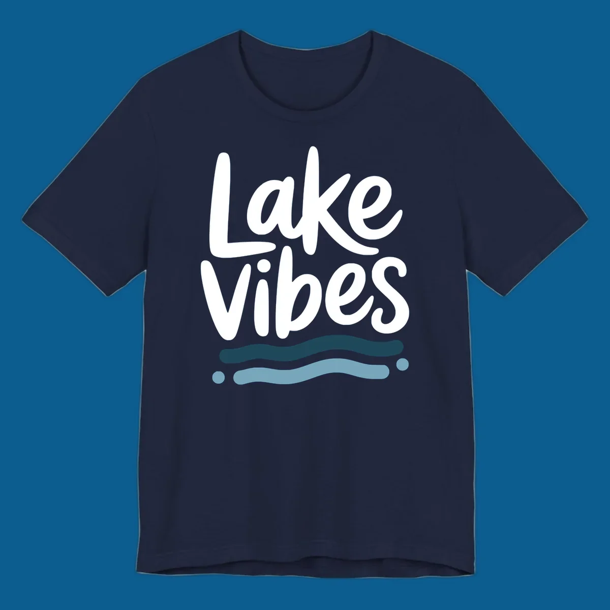 Lake Vibes typography design with blue wavy lines, on black and white backgrounds.