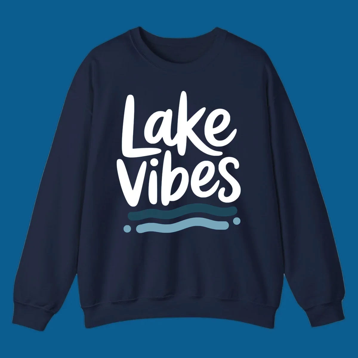 Lake Vibes typography design with blue wavy lines, on black and white backgrounds.