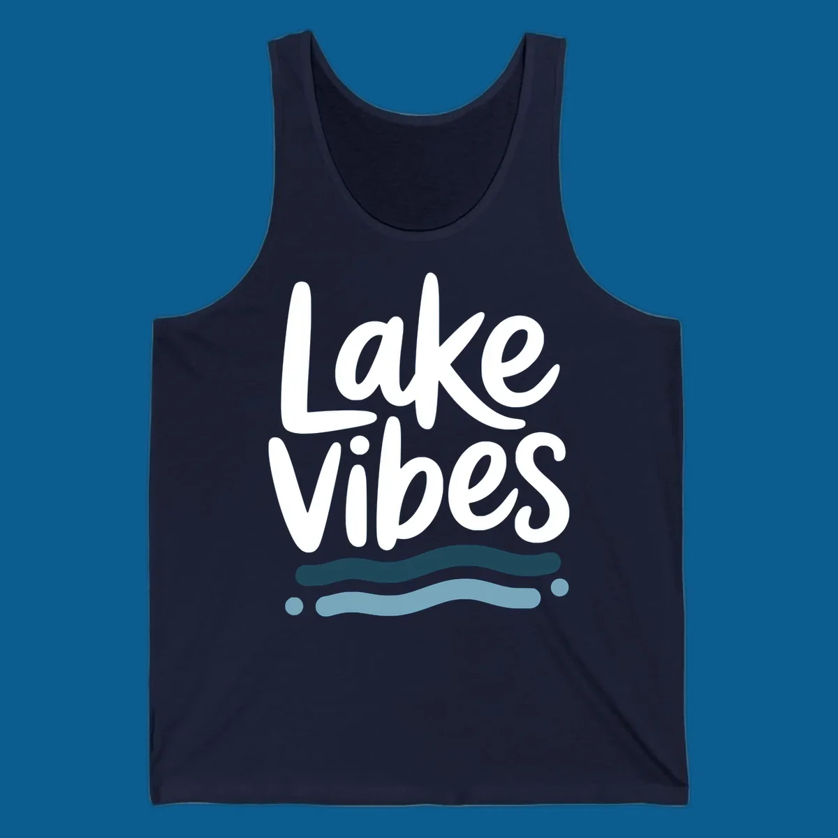 Lake Vibes typography design with blue wavy lines, on black and white backgrounds.