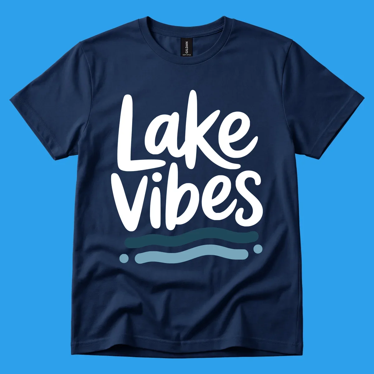 Lake Vibes typography design with blue wavy lines, on black and white backgrounds.