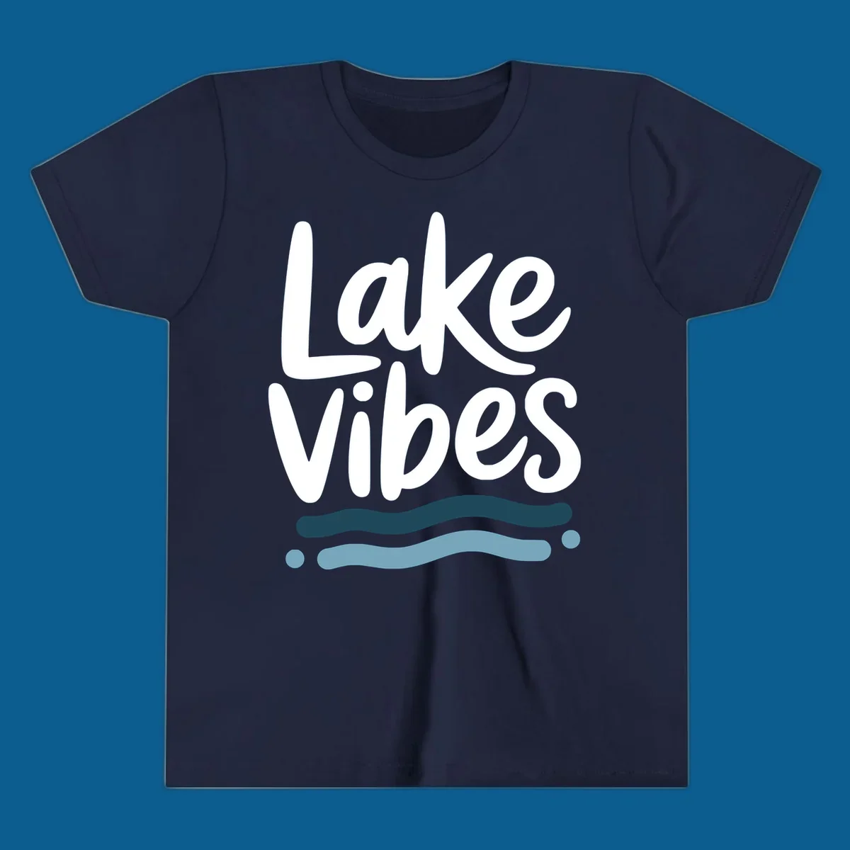 Lake Vibes typography design with blue wavy lines, on black and white backgrounds.
