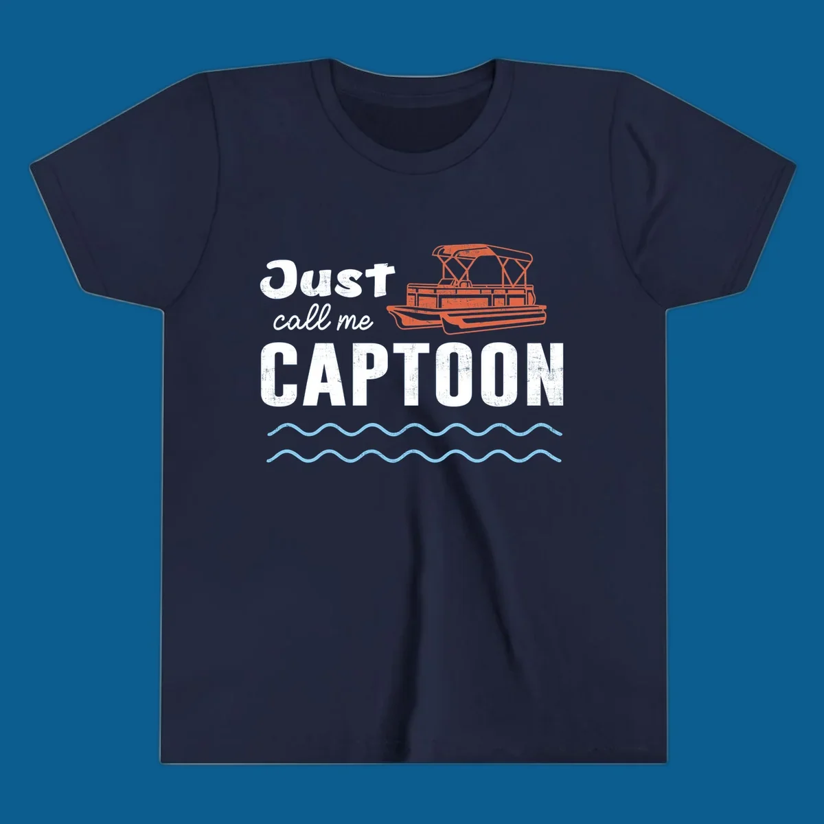 Just Call Me Captoon text and pontoon boat illustration for lake life