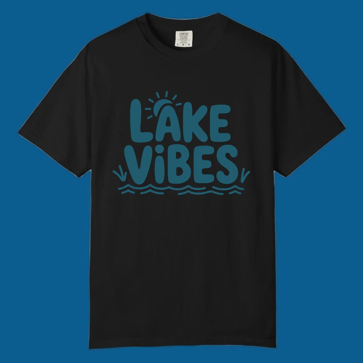 Lake vibes text with sun and waves graphic