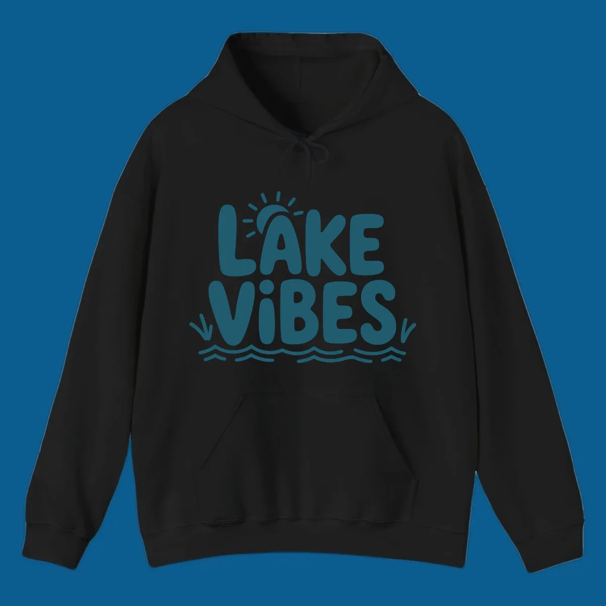 Lake vibes text with sun and waves graphic