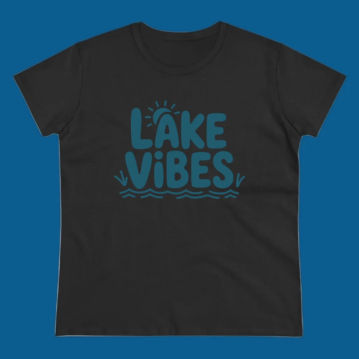Lake vibes text with sun and waves graphic