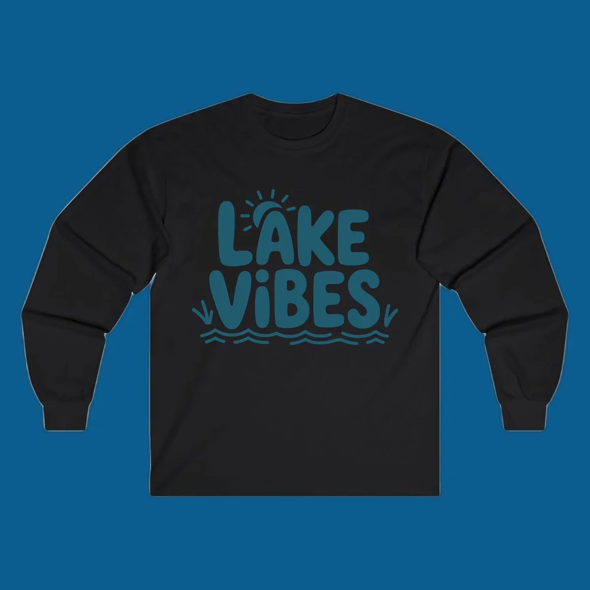 Lake vibes text with sun and waves graphic