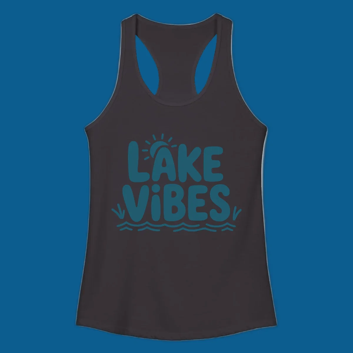 Lake vibes text with sun and waves graphic