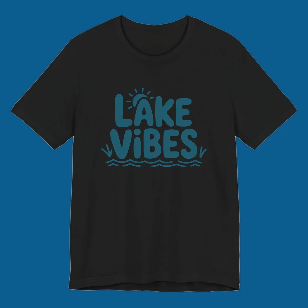 Lake vibes text with sun and waves graphic