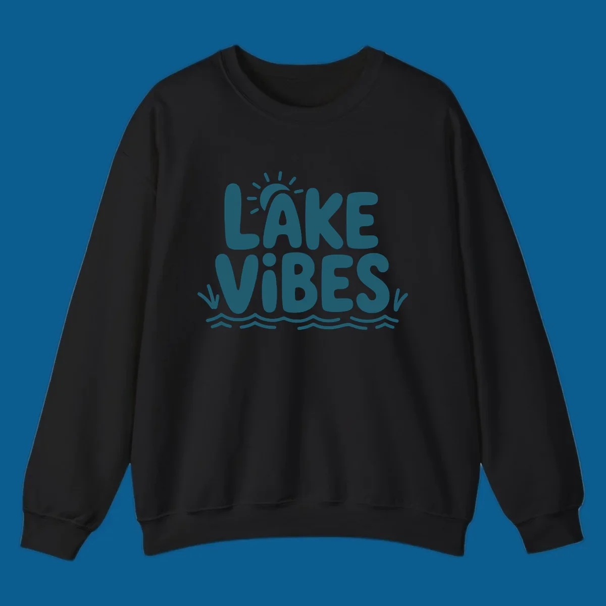 Lake vibes text with sun and waves graphic
