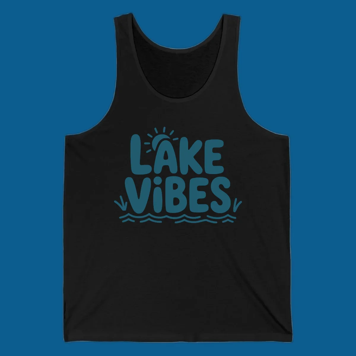 Lake vibes text with sun and waves graphic