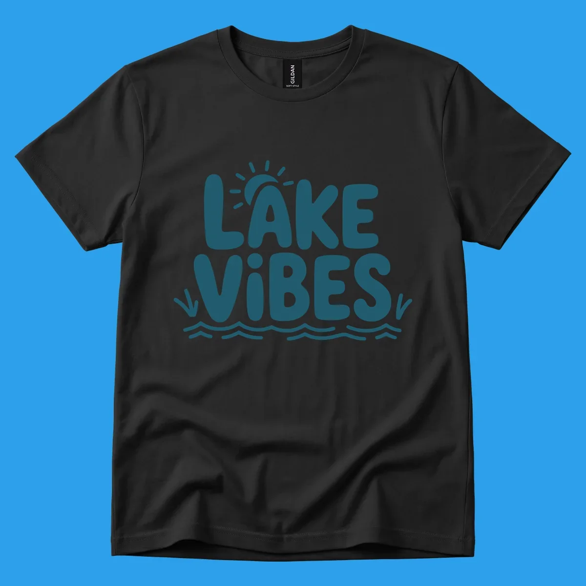 Lake vibes text with sun and waves graphic