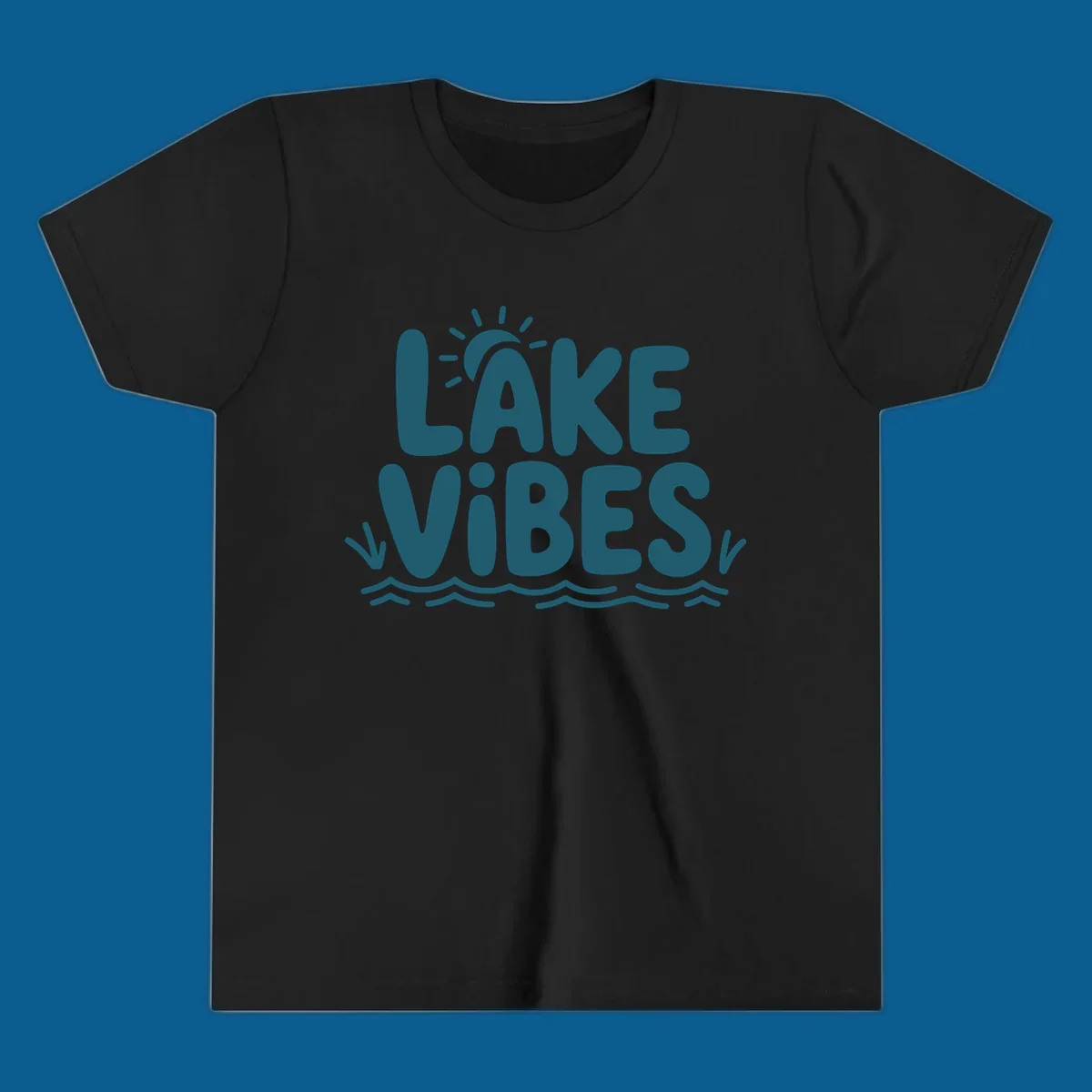 Lake vibes text with sun and waves graphic