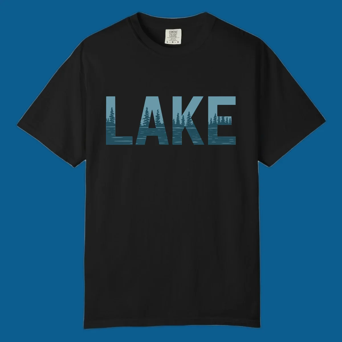 The word LAKE filled with a pine tree and lake water landscape. lake-pine-trees.