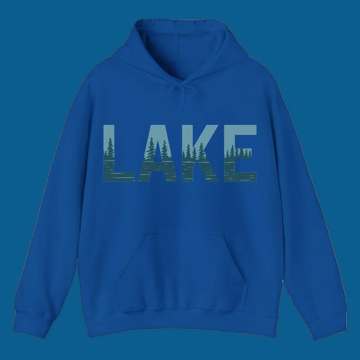 The word LAKE filled with a pine tree and lake water landscape. lake-pine-trees.