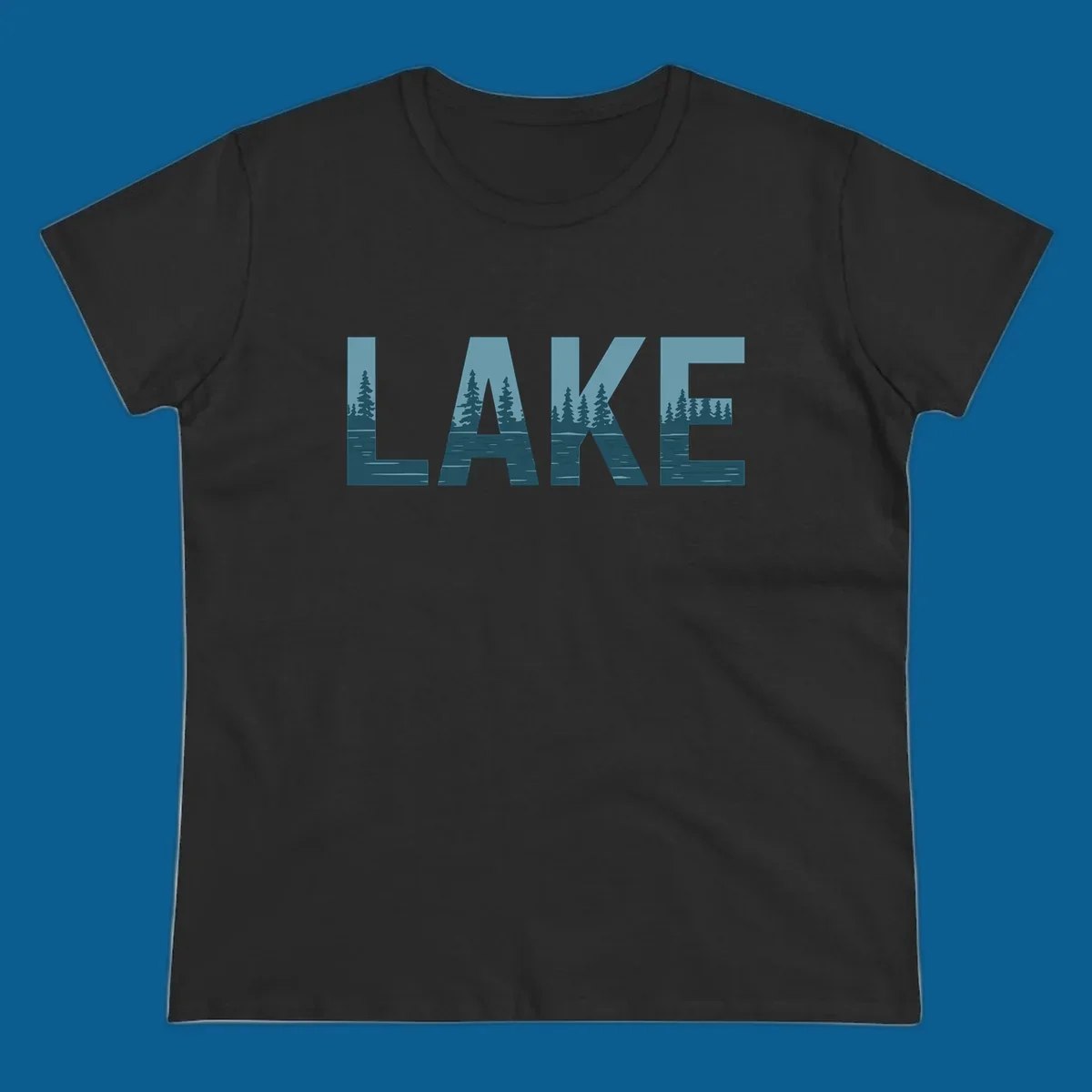 The word LAKE filled with a pine tree and lake water landscape. lake-pine-trees.