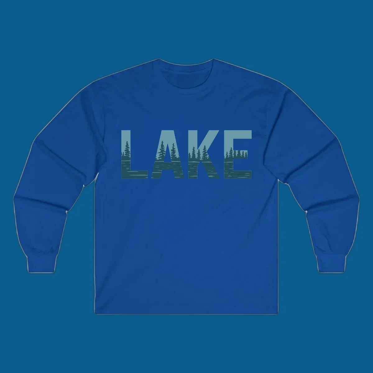 The word LAKE filled with a pine tree and lake water landscape. lake-pine-trees.