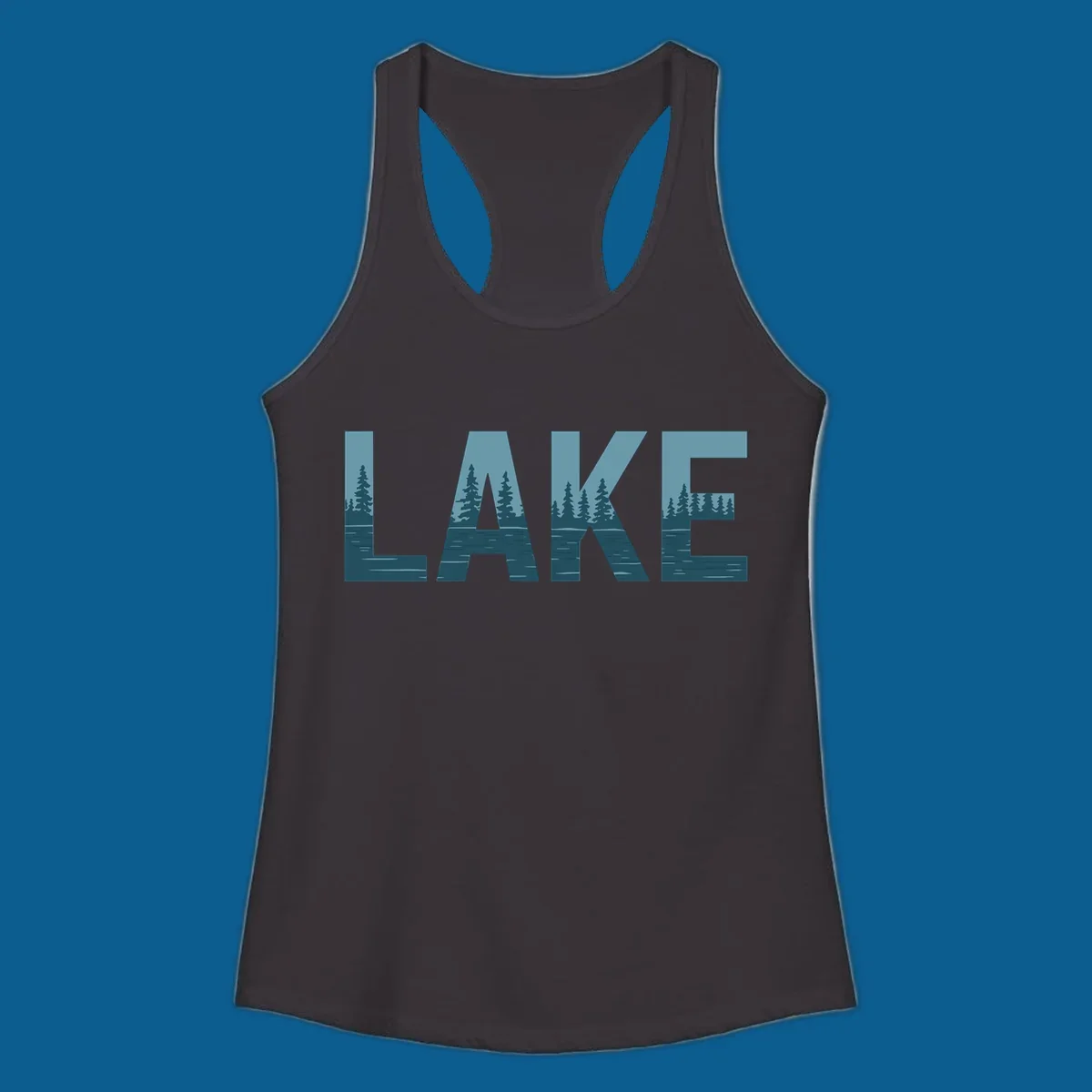 The word LAKE filled with a pine tree and lake water landscape. lake-pine-trees.