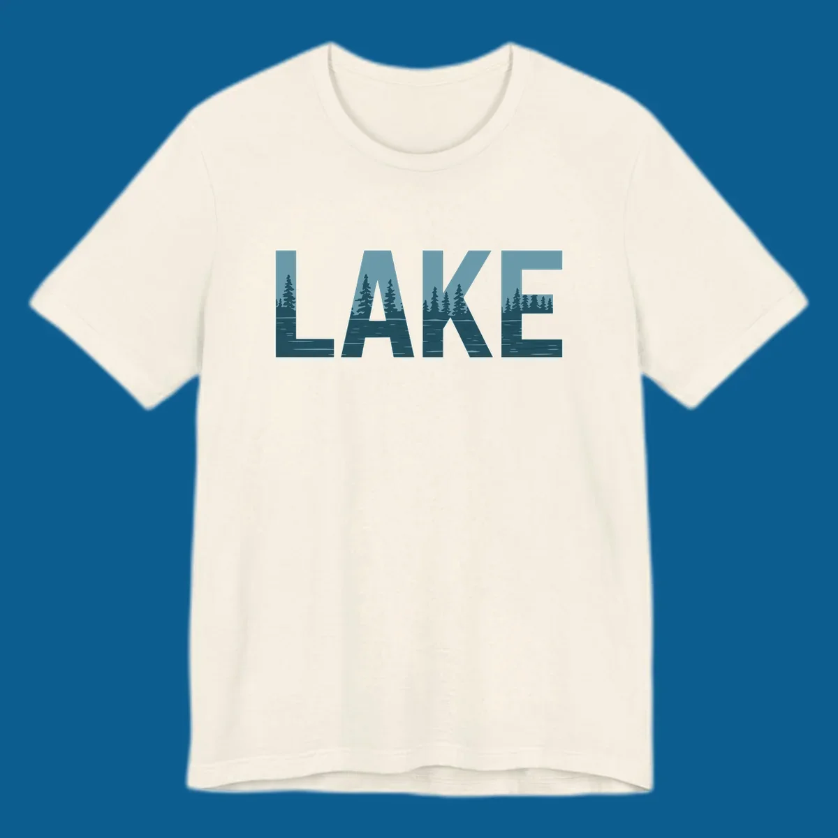 The word LAKE filled with a pine tree and lake water landscape. lake-pine-trees.
