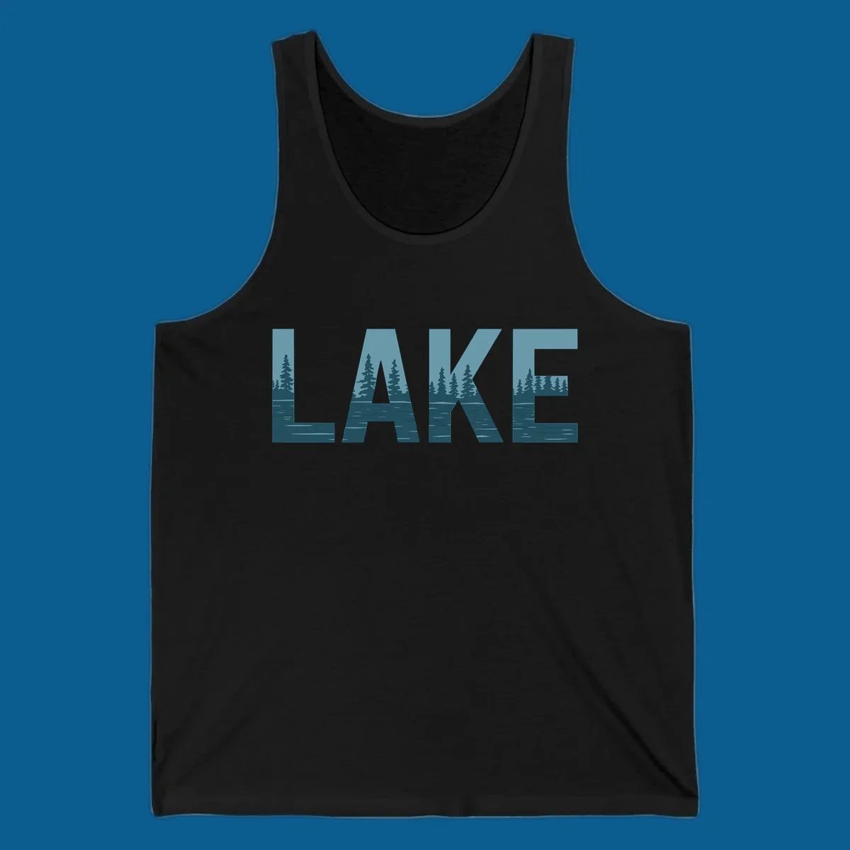 The word LAKE filled with a pine tree and lake water landscape. lake-pine-trees.