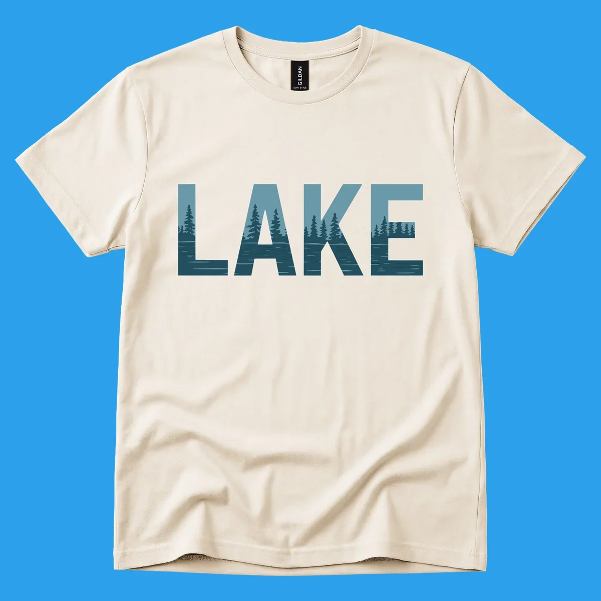 The word LAKE filled with a pine tree and lake water landscape. lake-pine-trees.