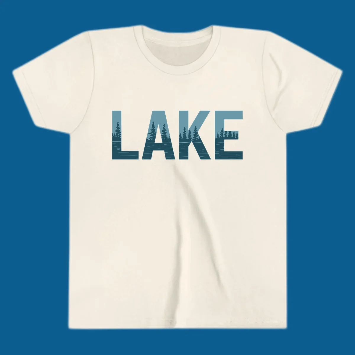 The word LAKE filled with a pine tree and lake water landscape. lake-pine-trees.