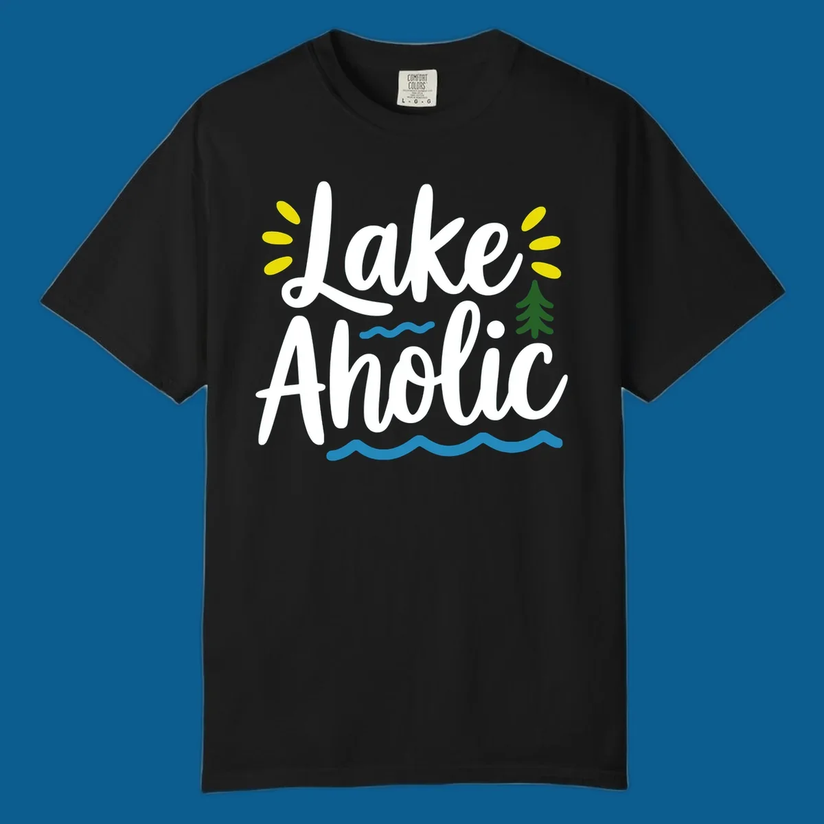 Lakeaholic text design with sun rays, pine tree, and water waves.
