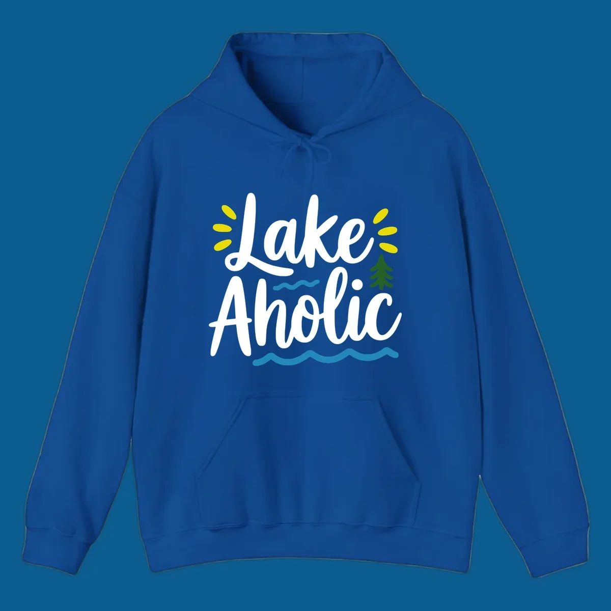 Lakeaholic text design with sun rays, pine tree, and water waves.